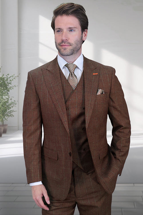 Men's brown wool suit with copper windowpane plaid. Features a one-button jacket with peak lapels, a matching vest, and two front pockets. Subtle grid design.