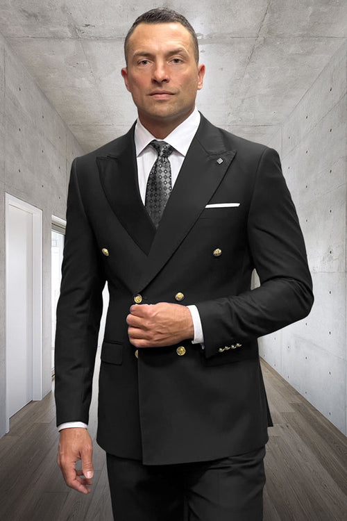 Men's Designer Modern Fit Double Breasted Wool Suit with Gold Buttons in Black