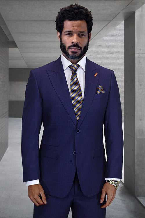 Navy wool men's suit. Designer, two-button with peak lapel, navy blue windowpane plaid. Structured, fitted silhouette. Notched lapels, front pockets, single vent. Buttoned cuffs.