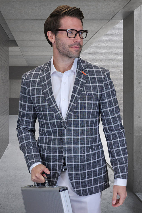 Men's modern fit black windowpane plaid wool blazer. Tailored silhouette, notch lapel, two patch pockets, two-button closure, and contrasting lapel detail. Clean sleeve cuffs.