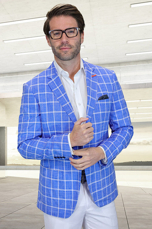 Steel blue men's summer blazer. Modern fit with windowpane plaid. Lightweight wool blend. Features: patch pocket, notched lapels, two-button front, buttoned cuffs. Structured design.