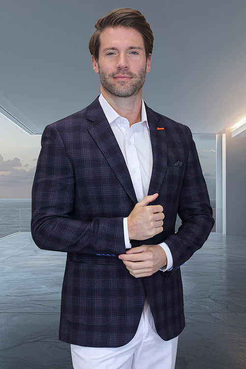 Men's black plaid wool blazer. Modern fit, patch pockets, and notched lapels. Features a dark plaid pattern with black and purple shades. Smooth interior lining.