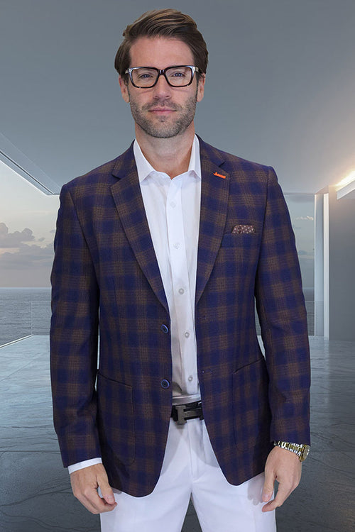 Men's modern fit navy windowpane plaid wool blazer. Summer weight, patch pockets. Tailored fit, structured shape. Designer quality.