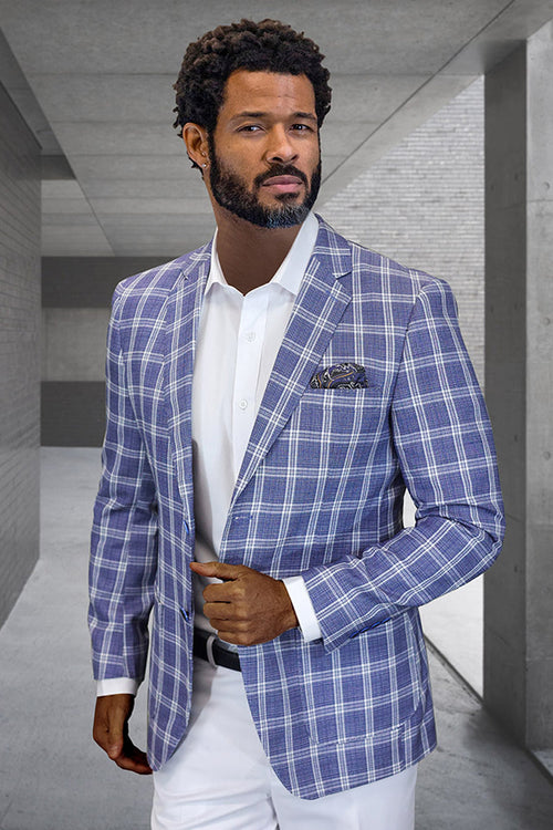 Men's modern fit blue windowpane plaid blazer. Single-breasted, patch pocket, lightweight wool. Checkered pattern (blue/white), tailored sleeves, notched lapel. Crisp, fitted.