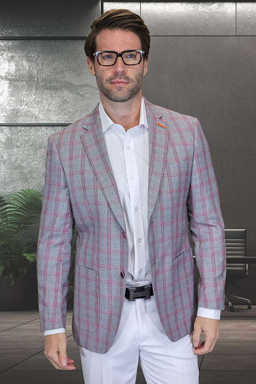 Men's grey plaid wool summer blazer. Modern fit, tailored shape. Wool blend with red accents. Features patch pockets and button closure.