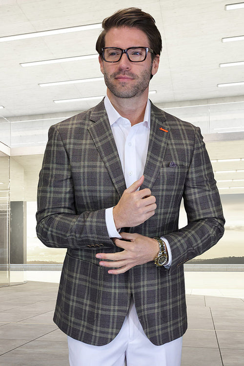 Men's brown windowpane plaid summer blazer. Modern fit, patch pockets, notch lapel. Structured silhouette with light brown and dark green checks. Designed for warm weather, crafted from wool.
