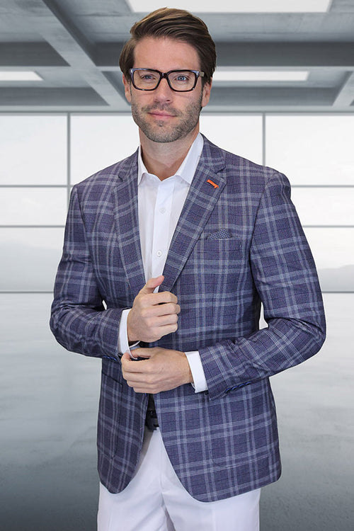 Men's modern fit wool summer blazer. Eggplant windowpane plaid. Structured shape, patch pockets. Purple with contrasting plaid lines. Designer quality.