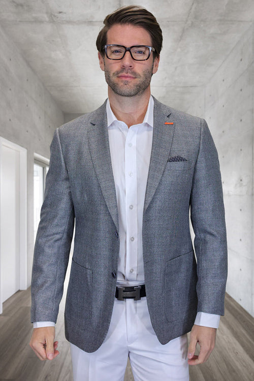 Modern fit men's grey windowpane check blazer. Lightweight wool for summer. Features patch pockets, tailored collar, and a sleek structure.