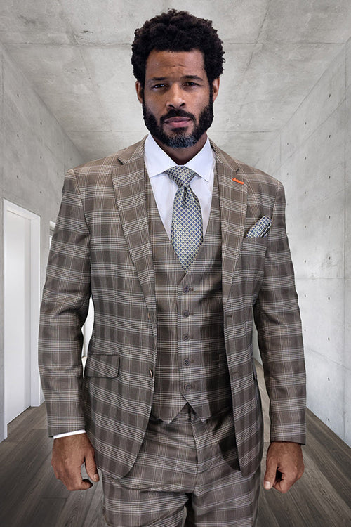 Men's chocolate brown plaid wool suit with a modern fit. Includes a tailored jacket, vest, white dress shirt, and patterned blue tie. Formal look and textured appearance.