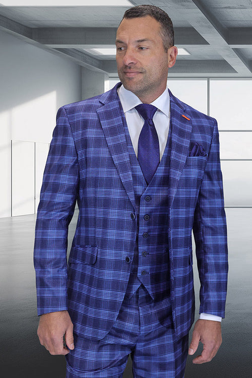 Men's designer modern fit wool suit in indigo blue glen plaid. Features a two-button blazer with notch lapels, matching vest, and tailored trousers.