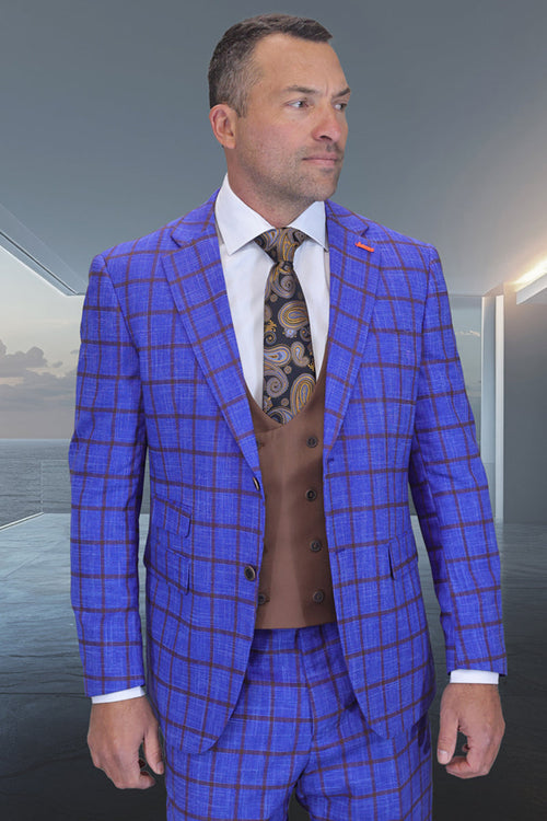 Sapphire blue wool suit with windowpane pattern and contrasting brown lines. Includes a brown double-breasted scoop vest. Men's designer.