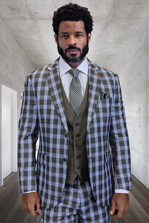 Men's modern fit blue plaid wool suit. Features a structured jacket, notched lapel, and two pockets. Olive green vest with three buttons. Tailored plaid pants for a cohesive look.