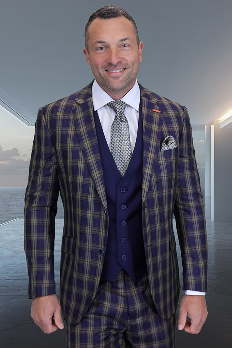 Midnight blue & tan plaid modern fit men's suit. Features contrasting navy vest, tailored lapels, and structured silhouette. Textured wool highlights the pattern. Sleek fit.