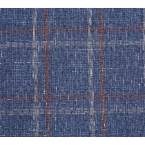 Designer Brand - Wool Stretch with Linen Single Breasted Steel Blue and Orange Plaid Suit