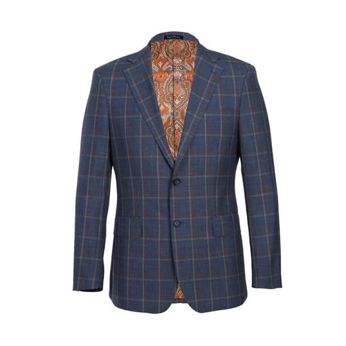 Designer Brand - Wool Stretch with Linen Single Breasted Steel Blue and Orange Plaid Suit