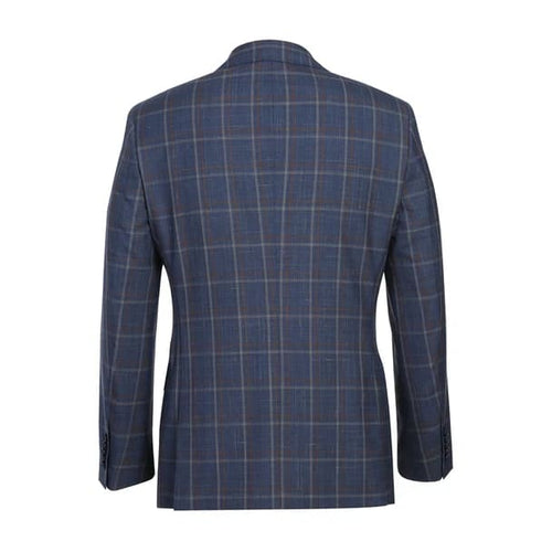Designer Brand - Wool Stretch with Linen Single Breasted Steel Blue and Orange Plaid Suit