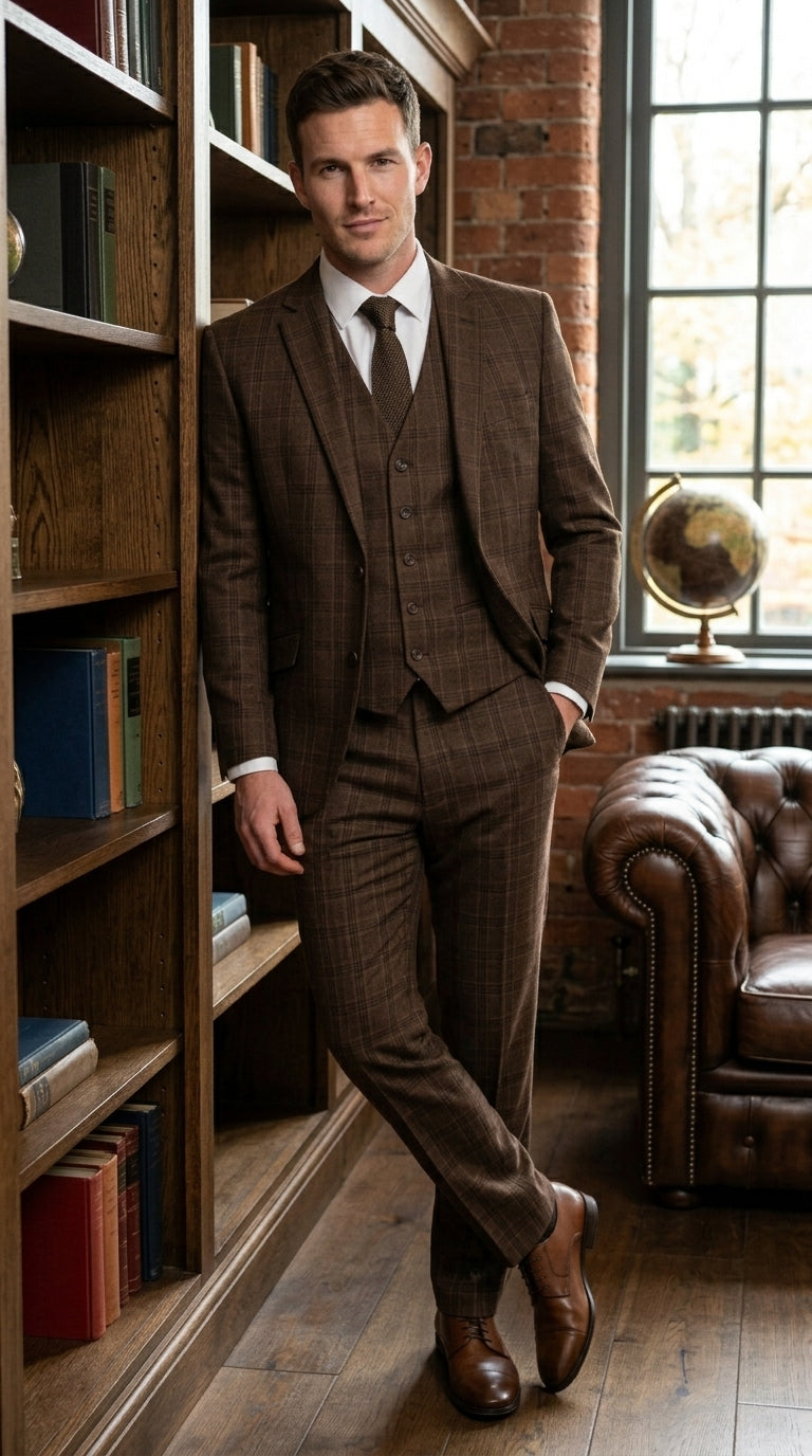 Men’s Brown Windowpane Plaid 3 Piece Suit, Classic Formal Wedding Business Dress Suit Set