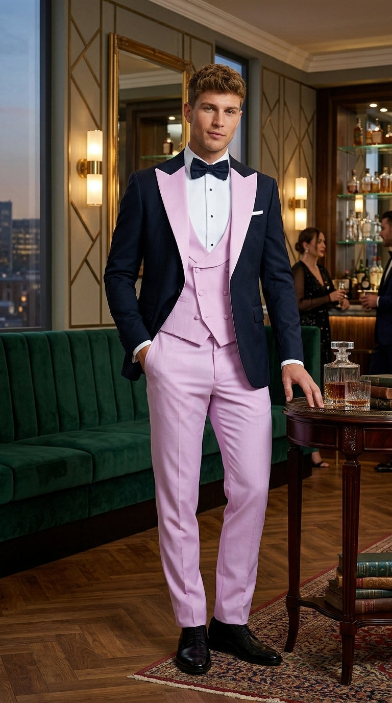 Men’s Black and Pink 100% Wool Vested Tuxedo, Peak Lapel Wedding Prom Formal Suit Set