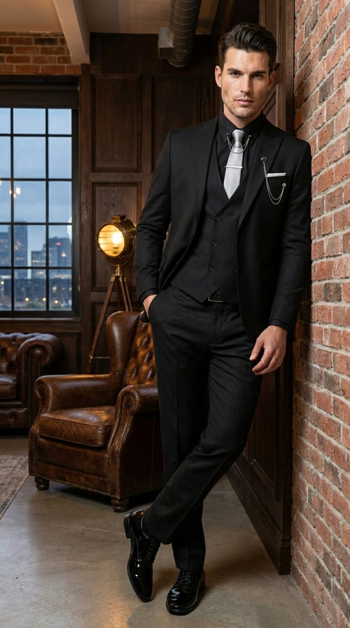 Men’s Black 3 Piece Suit with Double Breasted Vest, Formal Wedding Prom Business Dress Suit Set