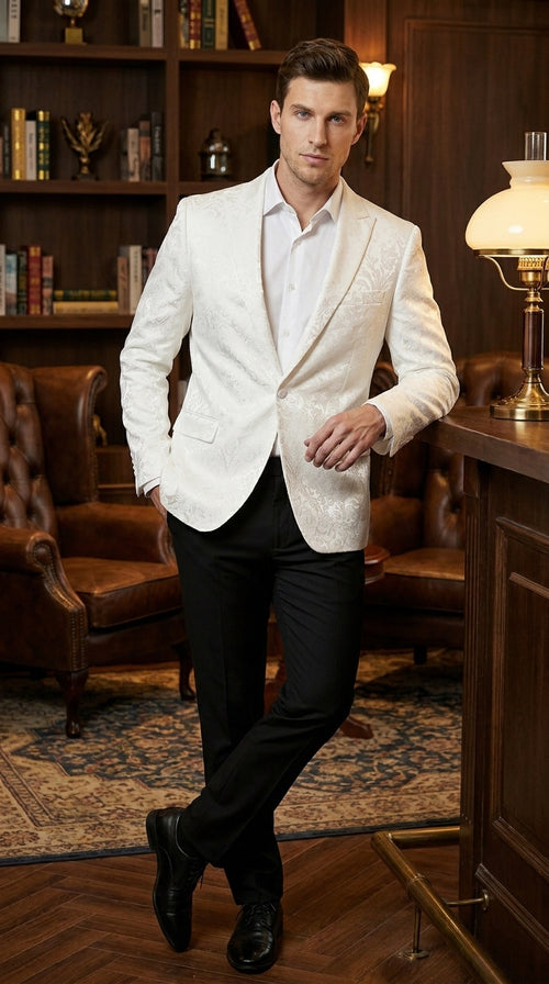 Men’s White Floral Satin Dinner Jacket – Shiny Paisley Tuxedo Blazer for Wedding, Prom, Stage & Party Wear
