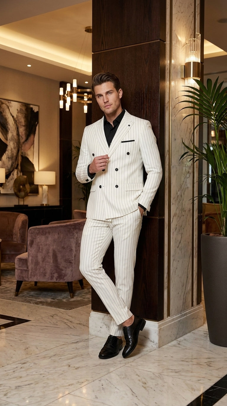 Men’s White Pinstripe Double Breasted Suit – Vintage 1920s 1940s Gangster Dress Suit