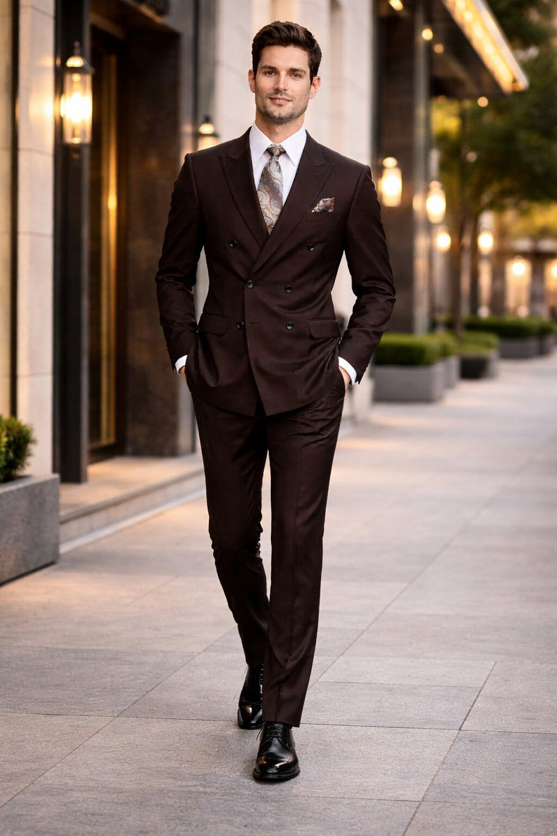 Men's Designer Double Breasted Wool Suit in Brown