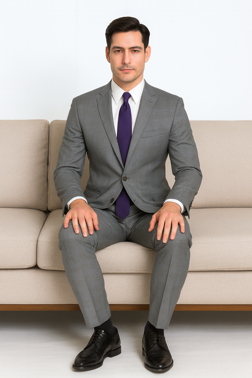 Mens 2 Button Peak Lapel Modern Plaid Suit in Grey