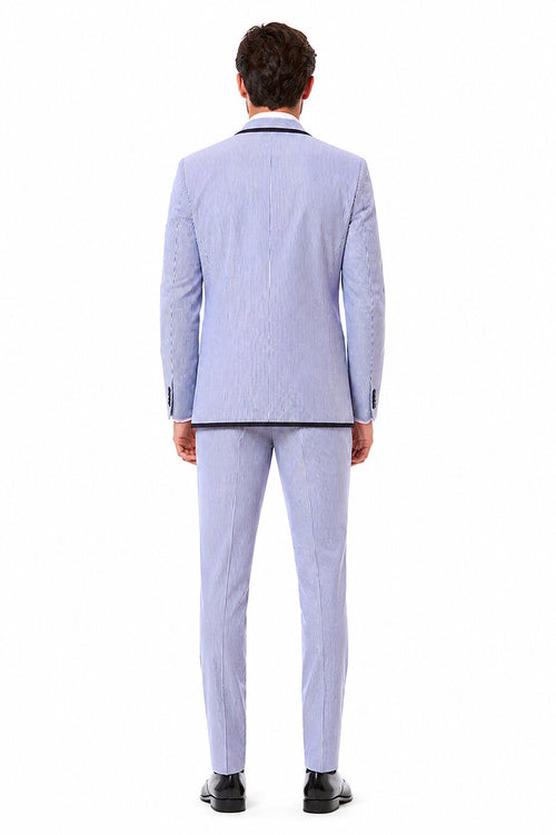 Men's One Button Vested Fashion Seersucker Suit with Double Breasted Vest in Blue