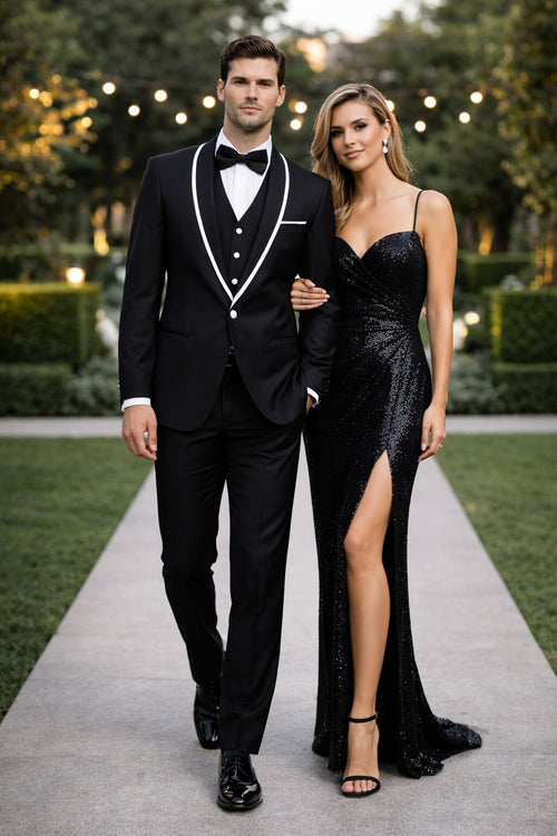 Mens One Button Satin Trim Shawl Tuxedo in Black & White