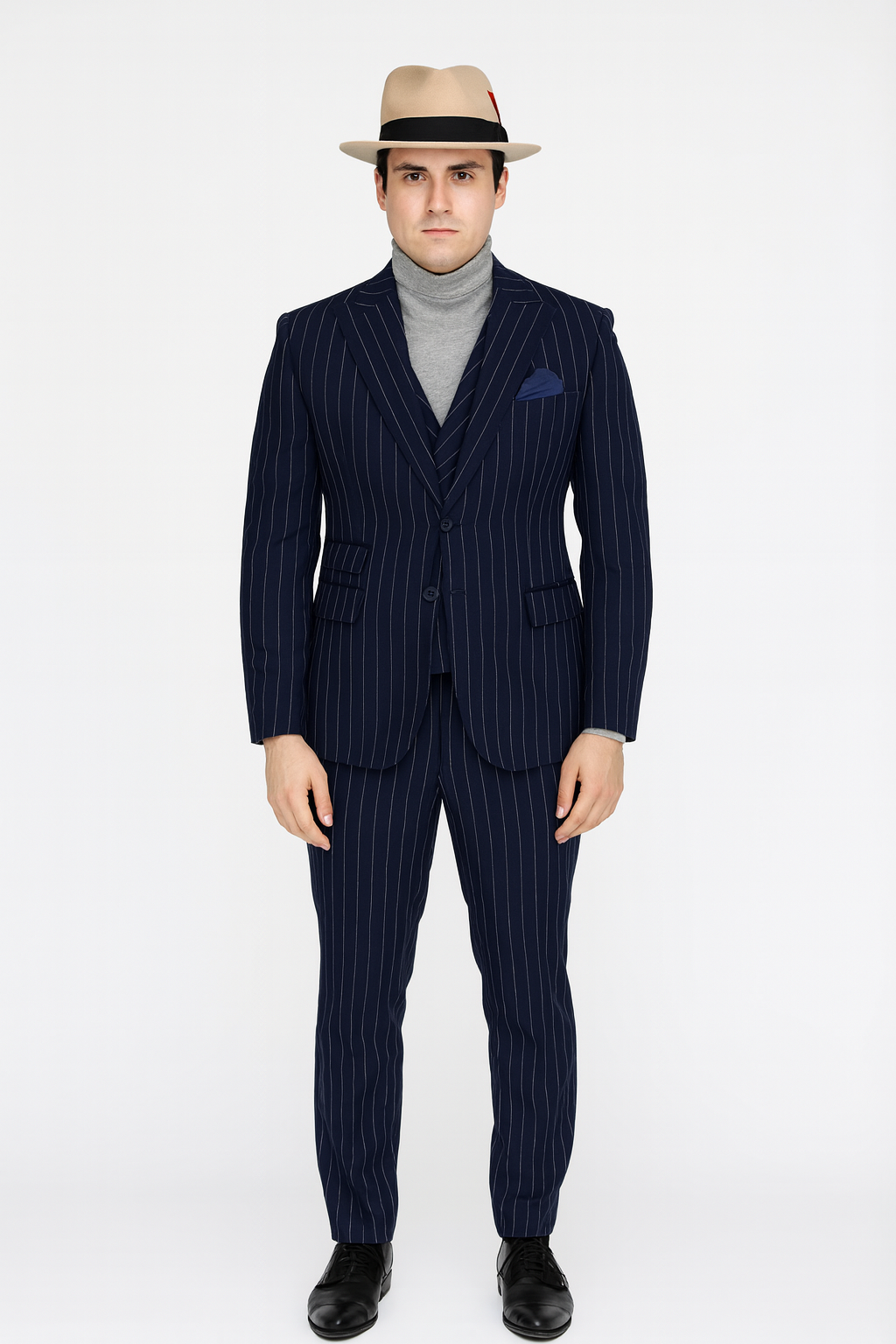 Suit And Turtleneck Combo - Turtleneck Prom Outfits - Prom Turtleneck Navy Suit