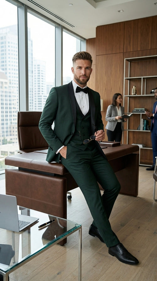 Men’s Hunter Green Vested Tuxedo Suit with Black Trim Shawl Lapel, Wedding Prom Formal Suit Set