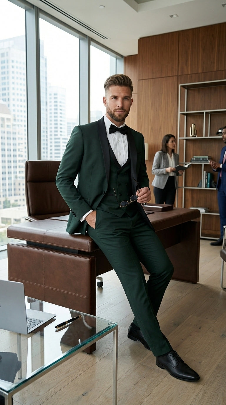 Men’s Hunter Green Vested Tuxedo Suit with Black Trim Shawl Lapel, Wedding Prom Formal Suit Set