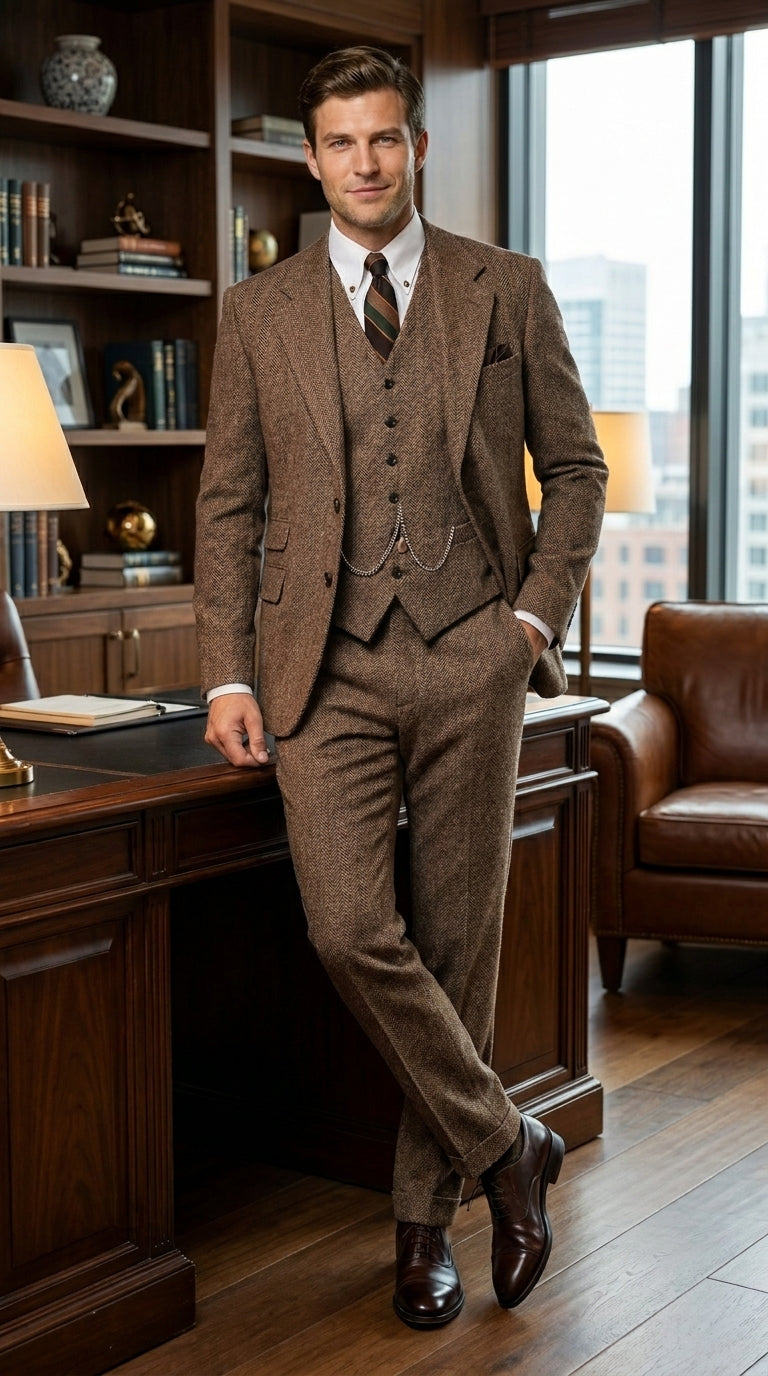 Men’s Great Gatsby Costume Package, Brown 1920s Suit with Vest, Pants, Shirt and Tie