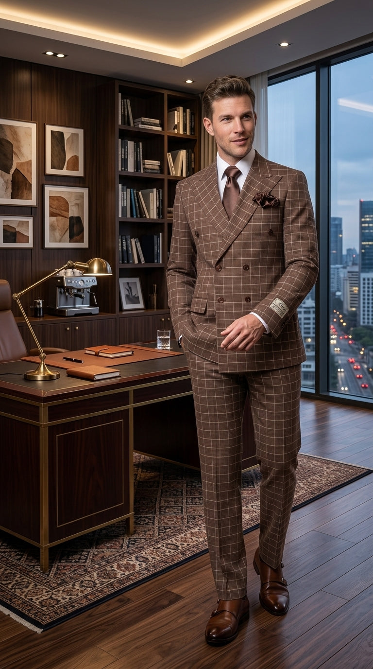 Rossi Man Arthur RM2317 Men’s Brown Windowpane Double Breasted Suit, Formal Dress Suit