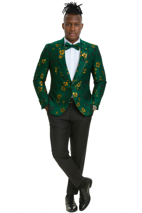 Hunter green slim-fit tuxedo jacket with gold paisley. Single-breasted, peaked lapels, and a satin finish. Features an intricate gold floral motif. Includes white shirt and matching bow tie.