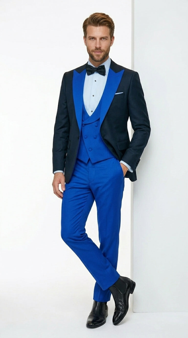 Men’s Black and Royal Blue 100% Wool Vested Tuxedo Suit with Peak Lapel, Wedding Prom Formal Suit Set