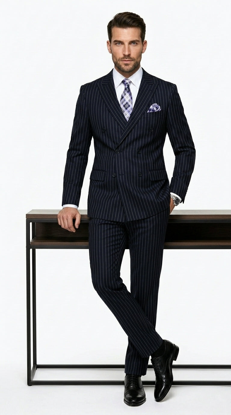 Men’s Navy Pinstripe Double Breasted Suit, Statement Formal Wedding Business Dress Suit