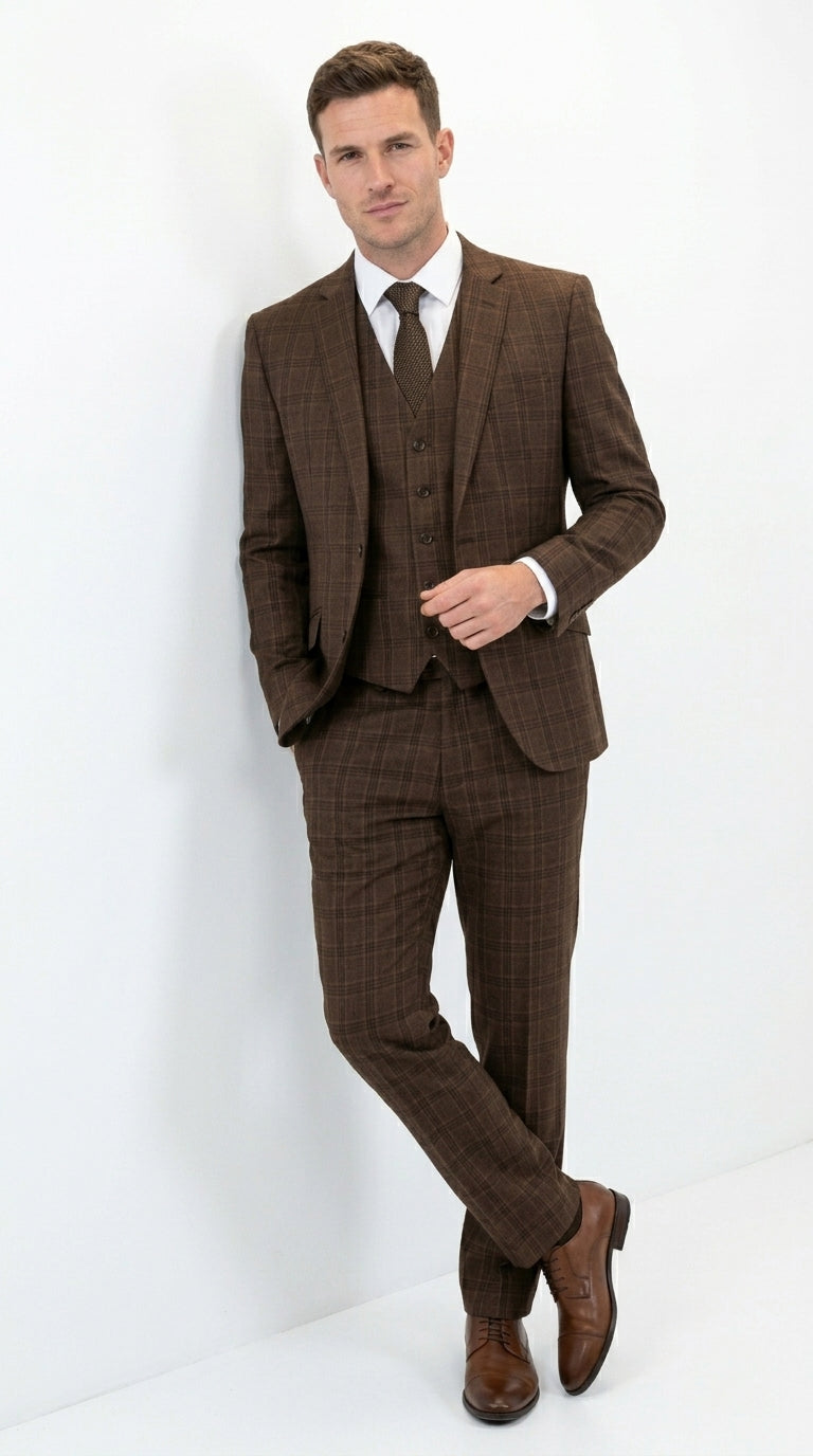 Men’s Brown Windowpane Plaid 3 Piece Suit, Classic Formal Wedding Business Dress Suit Set