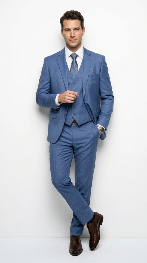 Men’s Steel Blue 3 Piece Prom Suit, Dusty Blue Vested Wedding Formal Suit Set