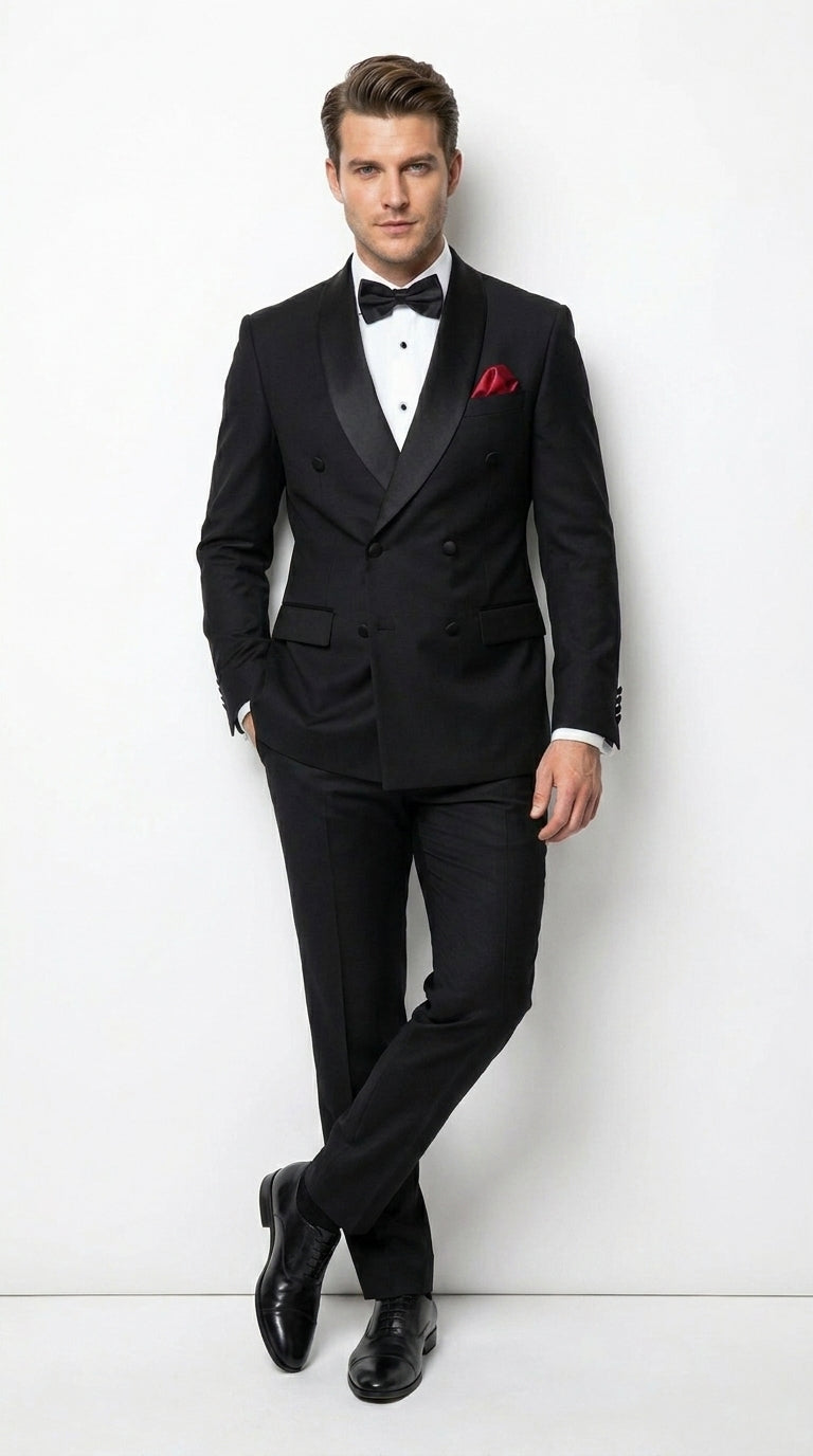 Men’s Black Six Button Double Breasted Tuxedo, 2 Piece Formal Wedding Suit