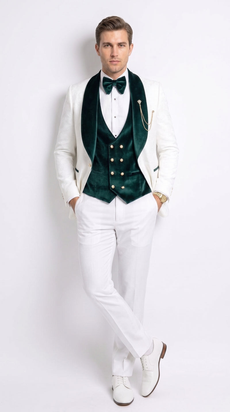 Men’s White and Dark Green 3-Piece Tuxedo – Groom Wedding and Prom Suit with Velvet Shawl Lapel