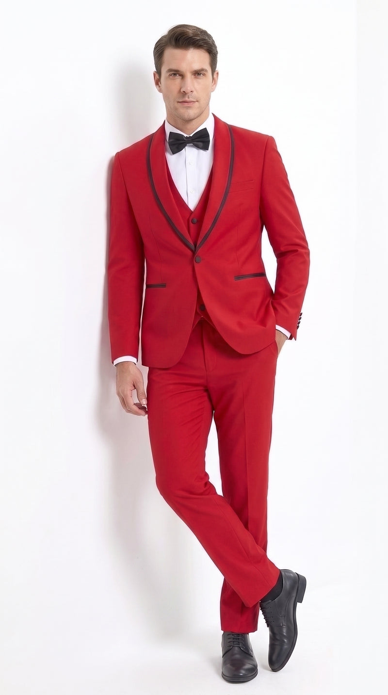 Men’s Trim Lapel Prom Tuxedo– 3 Piece Wedding Suit in Purple, Black, Red, Ivory, or Navy