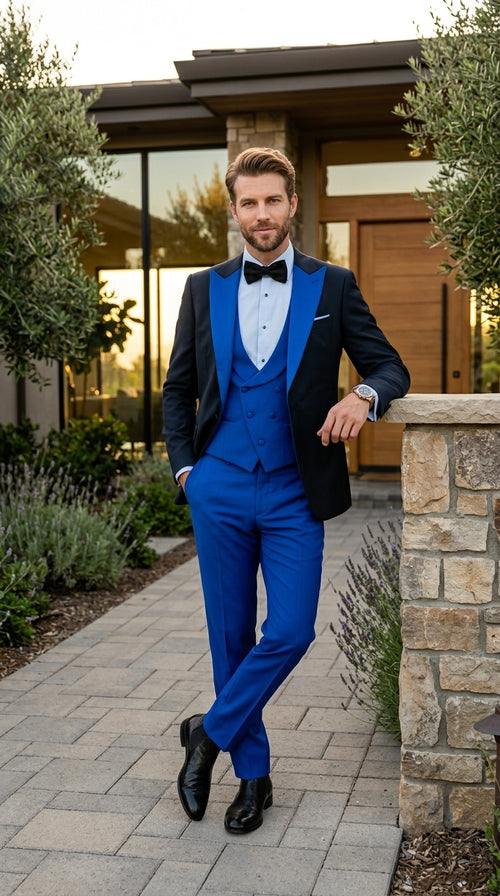 Men’s Black and Royal Blue 100% Wool Vested Tuxedo Suit with Peak Lapel, Wedding Prom Formal Suit Set