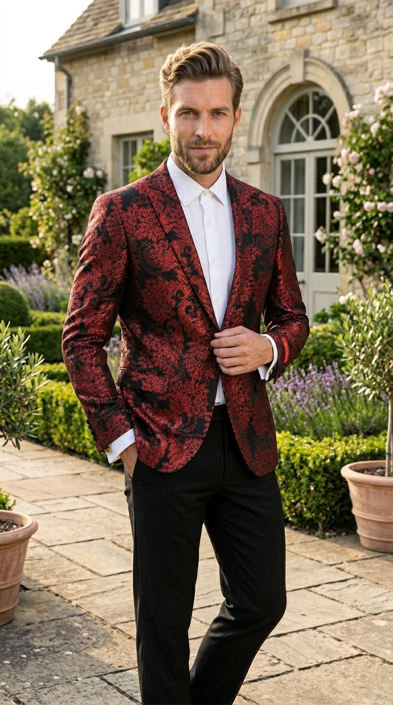Men’s Red and Black Retro Paris Floral Suit, Designer Formal Wedding Prom Party Blazer Set