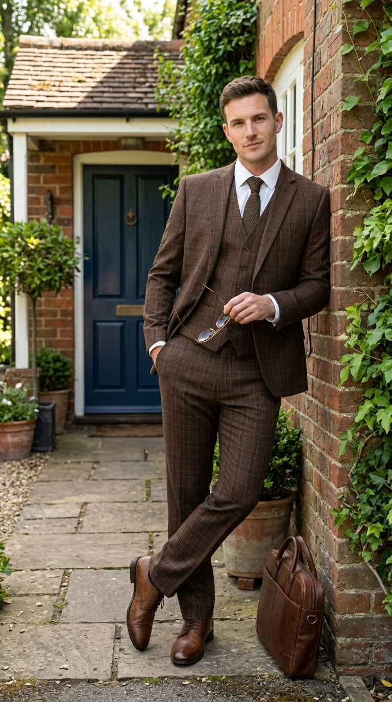 Men’s Brown Windowpane Plaid 3 Piece Suit, Classic Formal Wedding Business Dress Suit Set