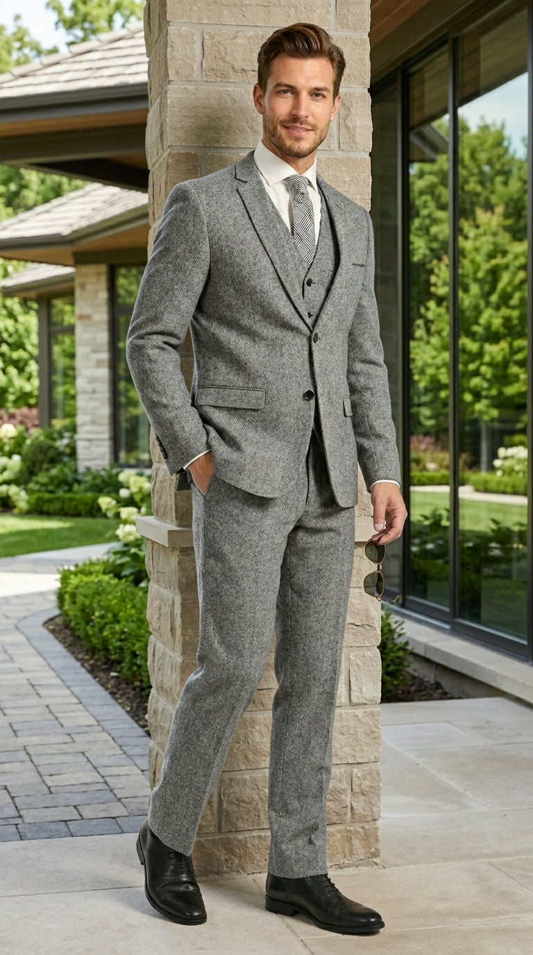 Mens Grey Tweed Three Piece Suit Vintage British Fabric Slim Fit Wedding & Business Wear