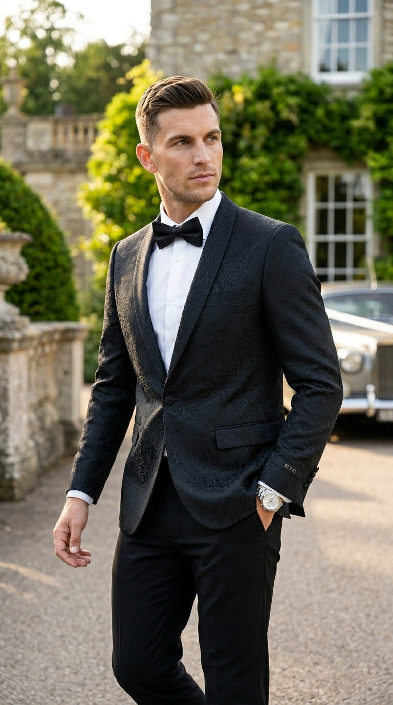 Men’s Black Floral Patterned Tuxedo Jacket, Formal Wedding Prom Dinner Blazer with Shawl Lapel