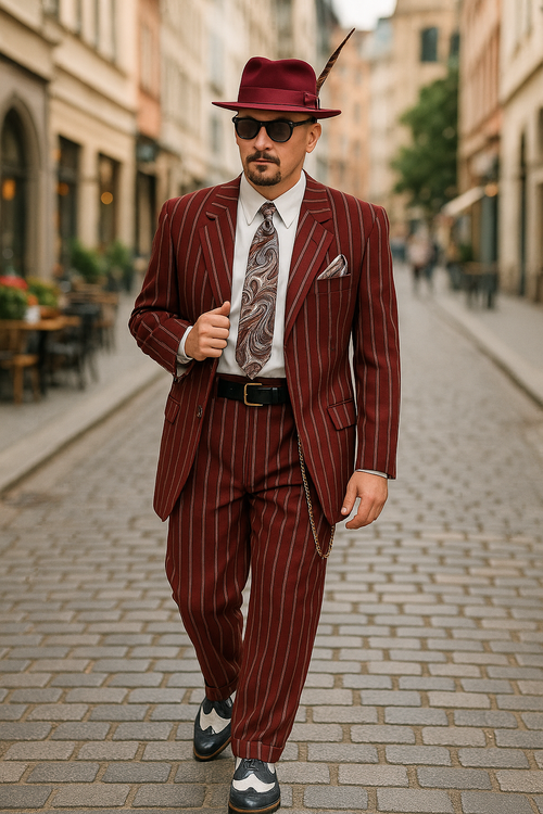 Burgundy Pinstripe Zoot Suit – 3 Piece 1920s/1930s Gangster Outfit (Jacket and Pants and Vest) Vintage Fashion