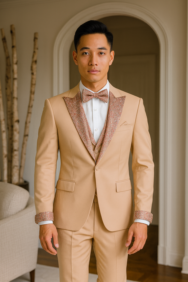 Men's champagne rose gold tuxedo: Four-piece outfit with fitted jacket, shawl lapel, tailored pants, white shirt, and bow tie. Sparkling rose gold accents on lapels/cuffs. Soft gold & white color scheme.