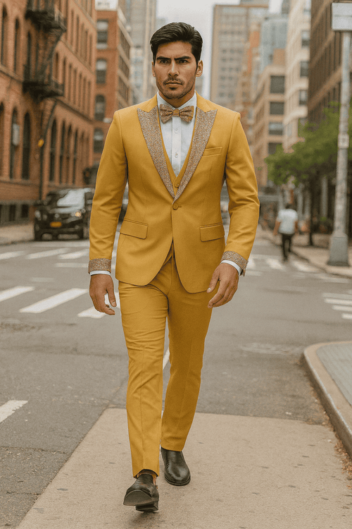 Champagne gold 4-piece men's tuxedo. Features fitted jacket with glitter lapel, slim-fit trousers, vest, and bow tie. Metallic accents on lapel/cuffs. Two-button closure jacket with chest pocket. Perfect for prom or weddings.